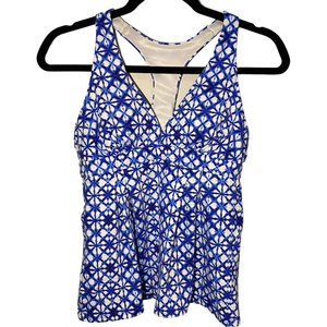 Lands End Womens 4P Blue White Shibori Tie Dye Tankini Swim Suit‎ Top Racerback